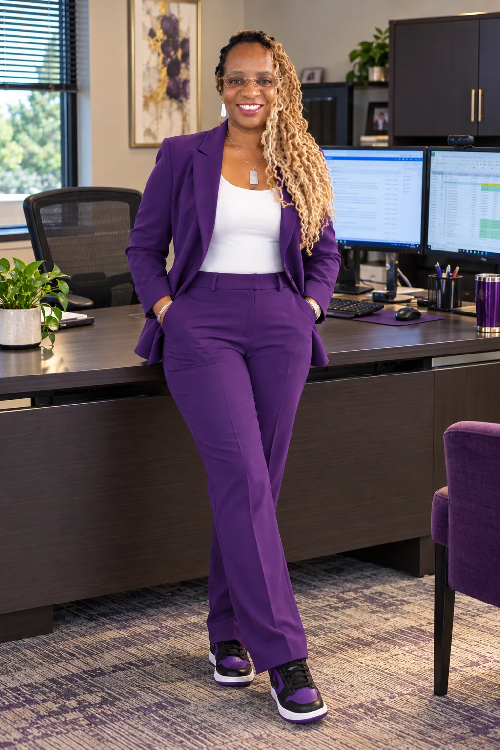 Linda J. Elder in a purple suit in her office